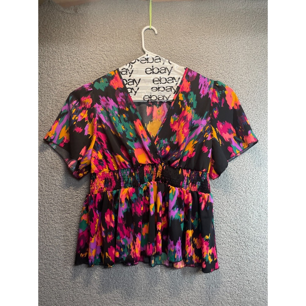 Shein Curve Short Sleeve Deep V‎ Elastic Waist Baby Doll Colorful TOP Size 2XL